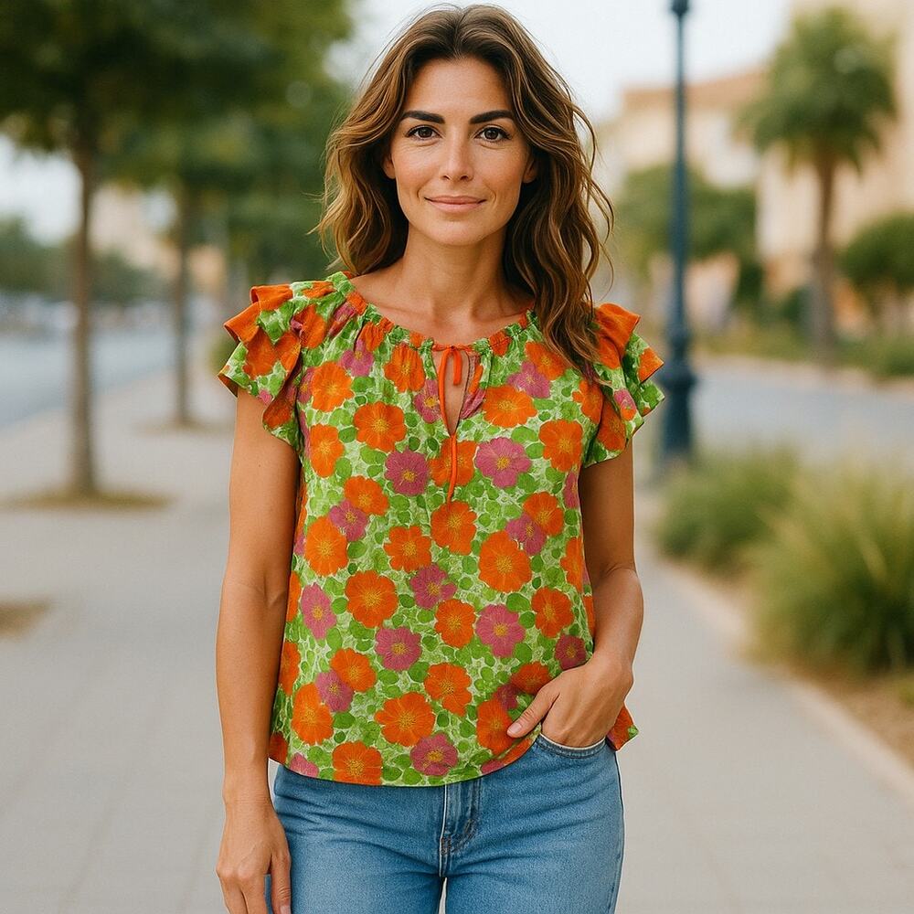 Pleione Womens Blouse Size L Flutter Layered Ruffle Sleeve Green Pink Orange NEW